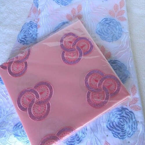 Soft Cotton Lace/African Swiss Voile Lace/Lightweight Lace/Nigerian Voile Lace/White Blue&Pink shops Floral Embroidered Pattern/5 Yards #008