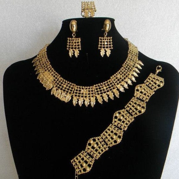 Gold Plated Jewelry Set/Womens Fashion Necklace, Earrings, Bracelet & Ring Set/(4 Piece Set) Nigerian Bridal Jewelry Sets #0011