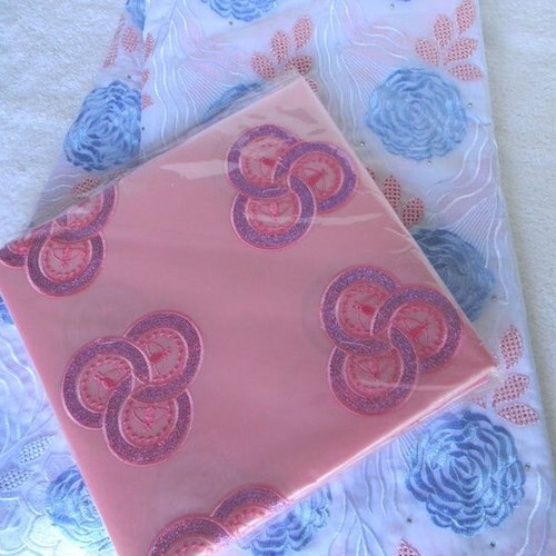 Soft Cotton Lace/African Swiss Voile Lace/Lightweight Lace/Nigerian Voile Lace/White Blue&Pink shops Floral Embroidered Pattern/5 Yards #008