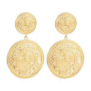 May include: A pair of gold-tone dangle earrings with a circular design. The earrings feature two circular discs, one smaller than the other, with intricate, detailed patterns.