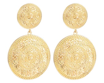 Double Disc Earrings/Gold Plated Earrings/Geometric Pattern Earrings/Alloy Round Dangle Drop Earrings/  Size: L 7cm X W 4cm