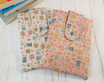 Small book sleeve, tablet pouch, washable, teapot and cup theme