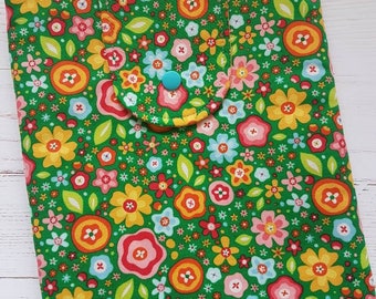 LARGE Fabric book sleeve, tablet sleeve, padded sleeve with snap button, flowers