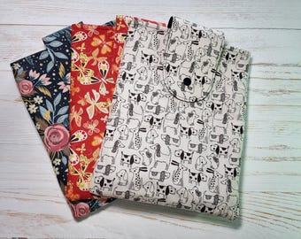 Fabric book sleeve, tablet sleeve, padded sleeve with snap button, floral, dogs collage, butterflies, Large size
