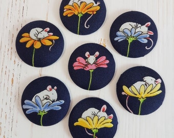 mouse and flower ID badges, retractable, clip on ID badge, dark blue background, free shipping