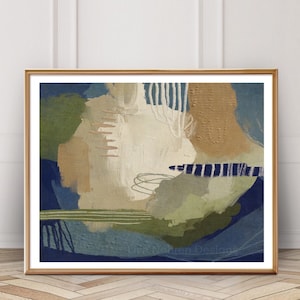 Arte mural con paisaje abstracto neutro: póster grande horizontal moderno imprimible en azul, verde y beige