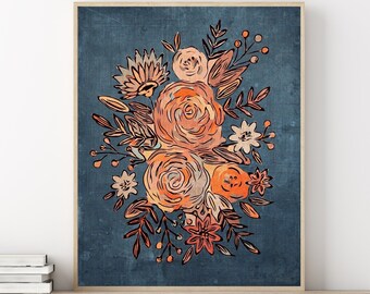 Modern Abstract Floral Rose Boho Plant Printable Wall Art Botanical Flower Navy Orange Neutral Art Digital Downloadable Instant download