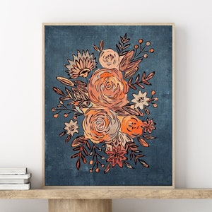 Modern Abstract Floral Rose Boho Plant Printable Wall Art Botanical Flower Navy Orange Neutral Art Digital Downloadable Instant download