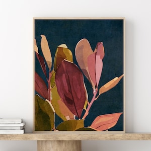 Navy Blue Abstract Floral Plant Printable Wall Art Botanical Leaves Neutral Boho Art Digital Downloadable Instant Download Living Room Art image 1