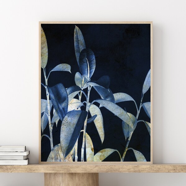 Navy Blue Abstract Floral Plant Printable Wall Art Botanical Leaves Neutral Art Digital Downloadable Instant Download Living Room Art