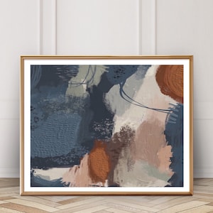 Neutral Abstract Art Painting Abstract Printable Wall Art, Navy Blue Rust Terracotta, Horizontal Landscape Art, Neutral Earth Tone Wall Art