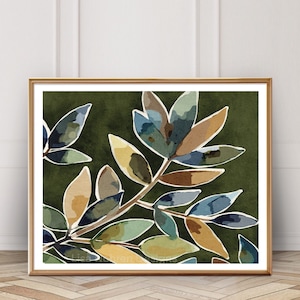 Neutral Abstract Floral Print: Emerald Green Botanical Wall Art (Digital Download)