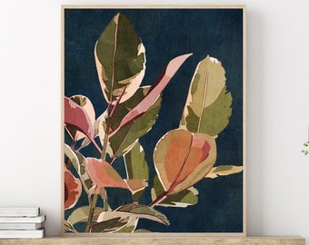 Navy Blue Abstract Floral Plant Printable Wall Art Botanical Leaves Neutral Boho Art Digital Downloadable Instant Download Living Room Art
