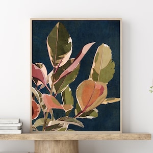 Navy Blue Abstract Floral Plant Printable Wall Art Botanical Leaves Neutral Boho Art Digital Downloadable Instant Download Living Room Art image 1