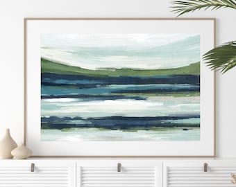 Blue Green Abstract Landscape Art Print: Coastal Minimalist Painting (Digital Download)
