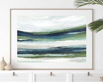 Abstract Coastal Landscape Art Print: Neutral Green Blue Painting (Digital Download)