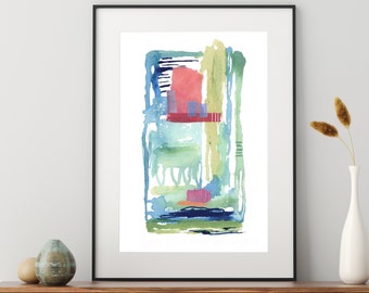 Watercolor Abstract Printable Wall Art Expressive Painting Modern Blue and Green Neutral Pink Wall Art Coastal Beach House Digital Download