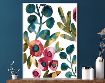 Colorful Abstract Floral Painting Printable Wall Art Botanical Flowers Plant Turquoise Red Art Digital Downloadable Instant download