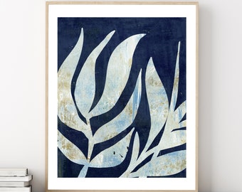Navy Blue Neutral Abstract Botanical Floral Plant Printable Wall Art Leaves Modern Monotype Art Painting Neutral Art Print Digital Download