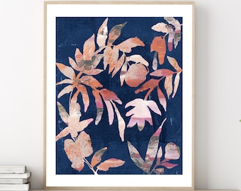 Neutral Navy Blue Neutral Abstract Botanical Floral Plant Printable Wall Art Leaves Modern Monotype Art Painting Art Print Digital Download