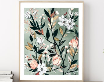 Neutral Green Sage Floral Abstract Plant Printable Wall Art Botanical Illustration Leaves Flowers Modern Earth Tone Coral Digital Download