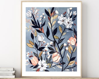 Neutral Blue Floral Abstract Plant Printable Wall Art Botanical Illustration Leaves Flowers Modern Earth Tone Coral Digital Download