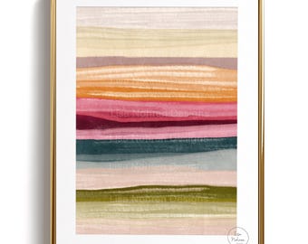 Puede incluir: Una lámina de arte enmarcada con pinceladas horizontales en capas de color crema, beige, naranja apagado, rosa, magenta intenso, verde azulado oscuro, gris y verde oliva. La obra está dentro de un marco dorado fino con un paspartú blanco.