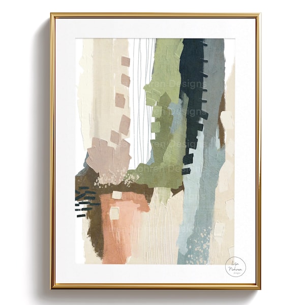 Neutralny abstrakcyjny wydruk artystyczny: niebieski, zielony, beżowy wystrój ścienny – pobranie cyfrowe