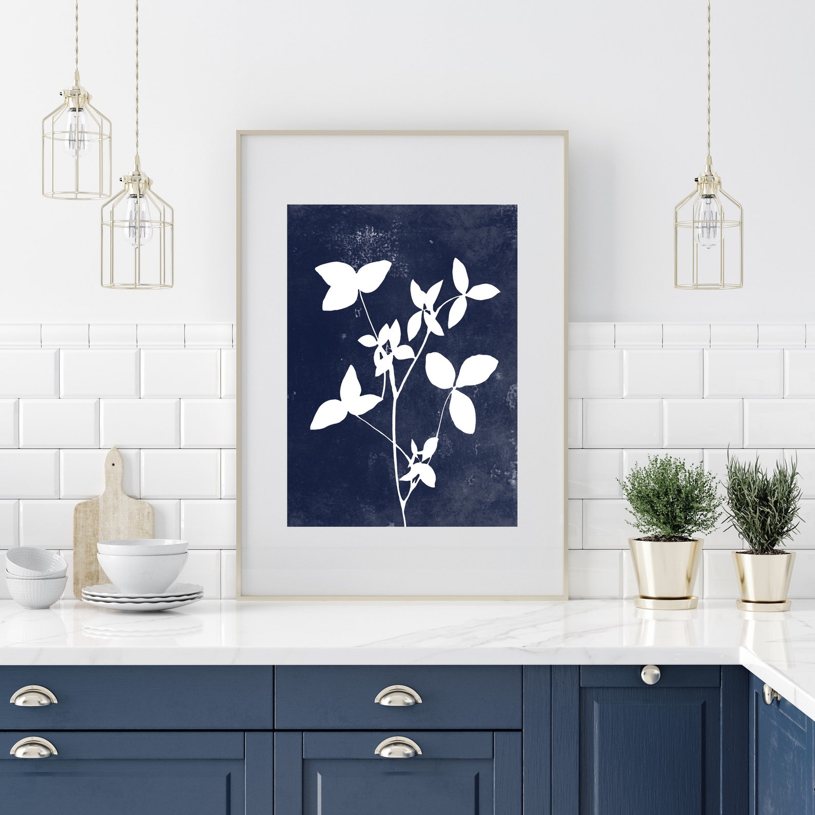 Navy Blue Botanical Floral Printable Wall Art Downloadable Art | Etsy