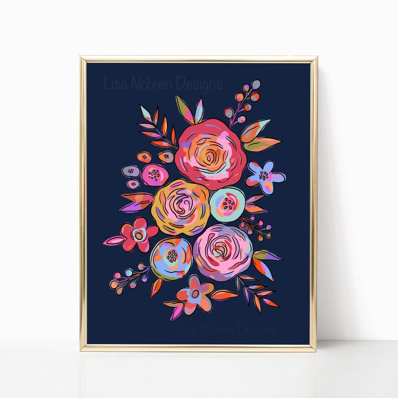 Printable Colorful Navy Blue Floral Wall Art Botanical Modern Etsy