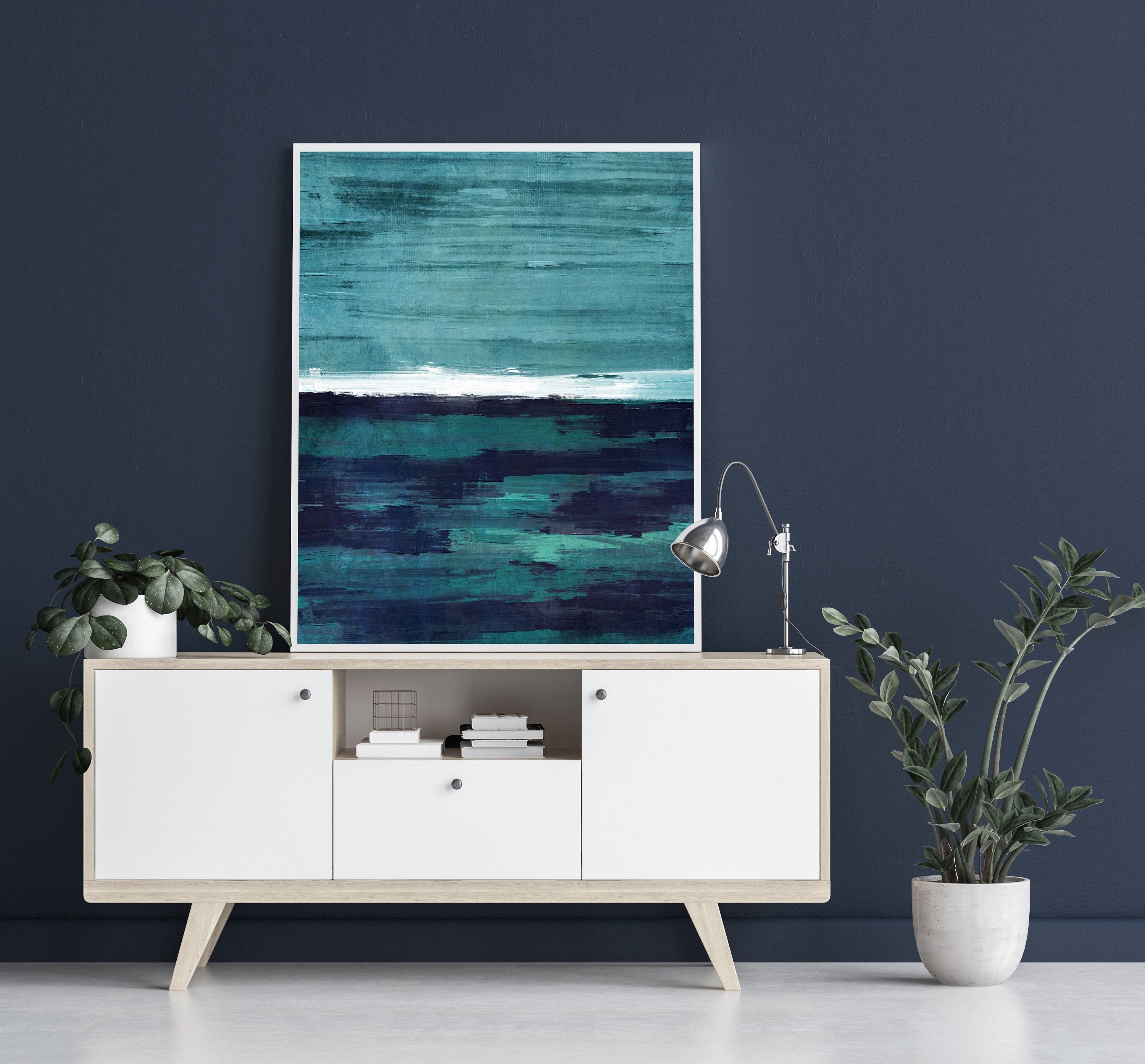 Coastal Abstract Art Print: Navy Blue Ocean - Landscape Painting
