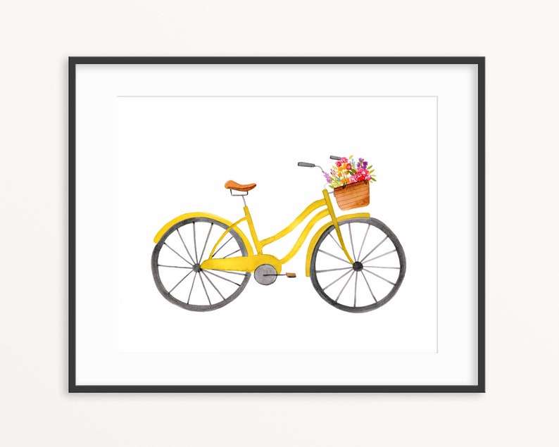 Watercolor Yellow Bike Brush Flower Basket Floral Illustration Etsy