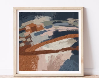 May include: Abstract art print with a mix of blue, brown, and pink brushstrokes. The print is framed in a light wood frame.