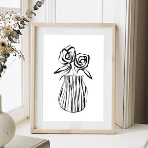 Tinte Illustration Neutral abstrakte botanische Boho Blumenvase druckbare Wandkunst schwarz weiß minimalistisches Dekor Sofortiger digitaler Download Druck
