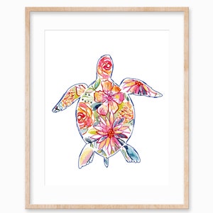 Turtle Art Print - Printable Wall Art - Watercolor Floral Print - Coastal Beach Art - Sea Life Illustration  Kids Nursery Printable Wall Art