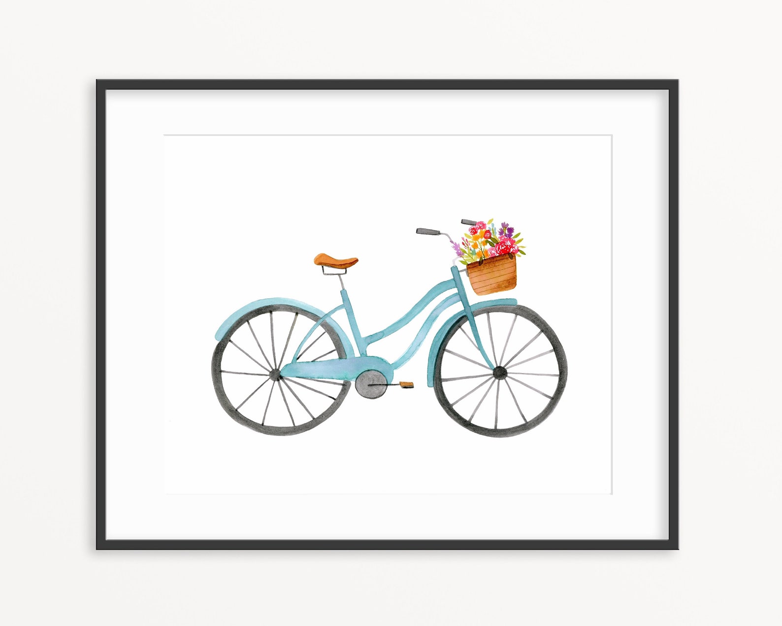 Watercolor Blue Bike Flower Basket Floral Illustration Art Etsy