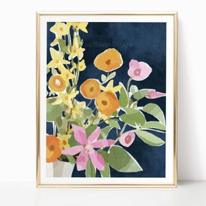 Full Bloom Navy Blue Abstract Floral Plant Printable Wall Art Botanical Colorful Art Digital Downloadable Instant Download Living Room Art