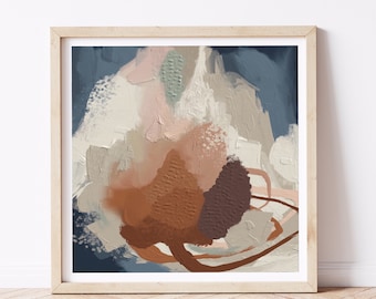 May include: Abstract painting with a blue background and brown, beige, and pink shapes. The shapes are layered and overlapping, creating a sense of depth and movement.