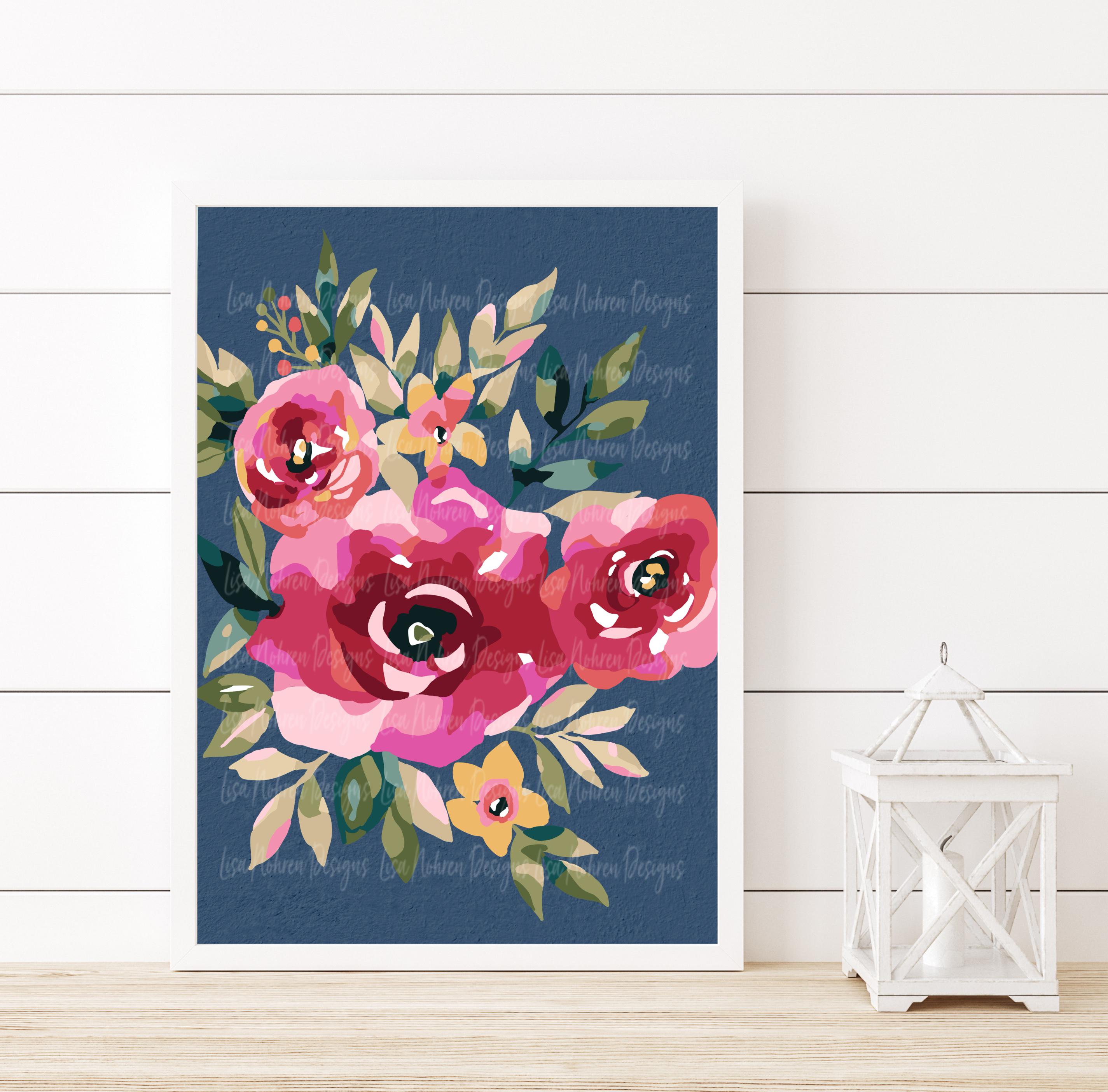 Vibrant Floral Roses Illustration: Downloadable Botanical Wall Art Print for Home, Nursery & Garden Decor