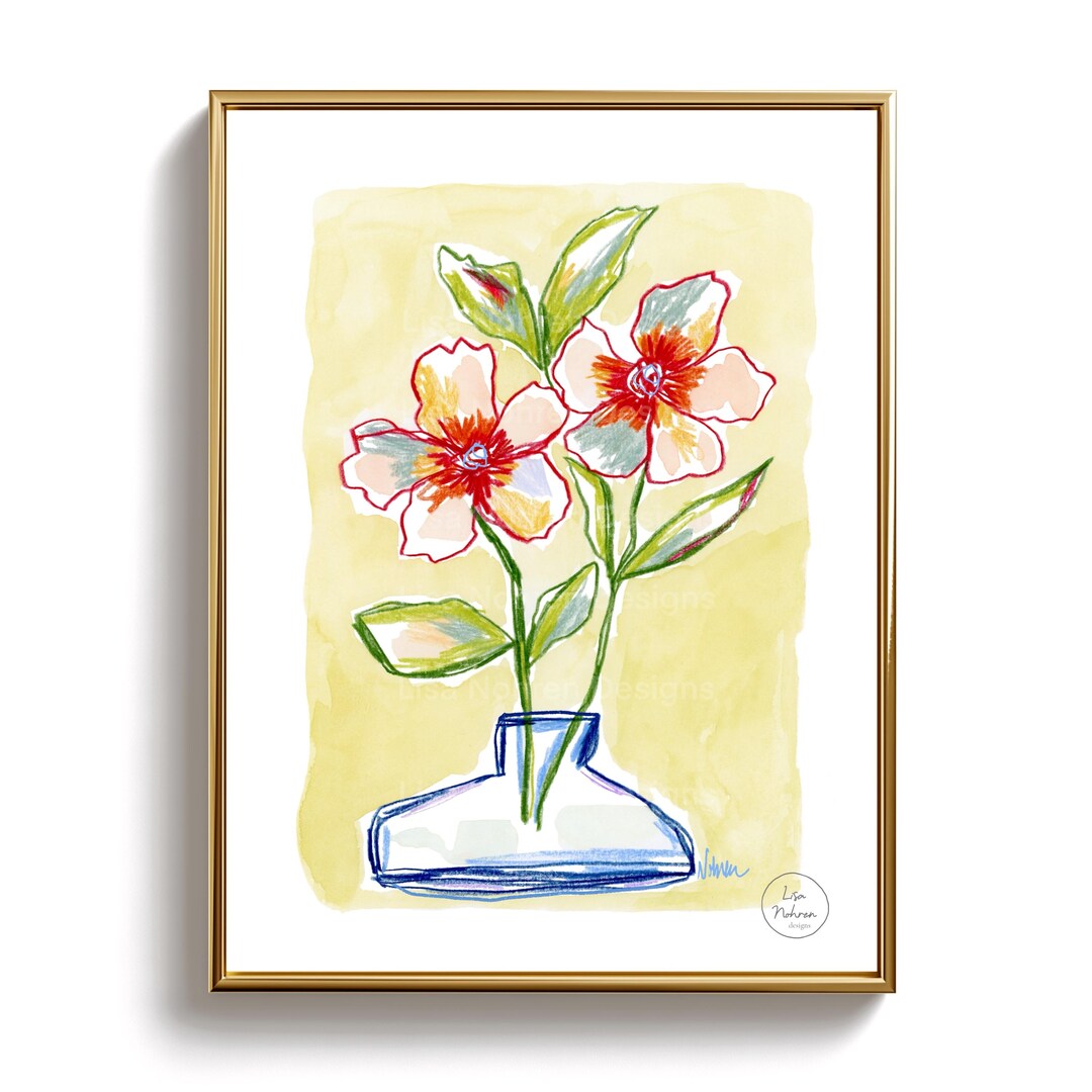 Botanical Wall Art Print - Yellow Watercolor Floral Vase Illustration ...