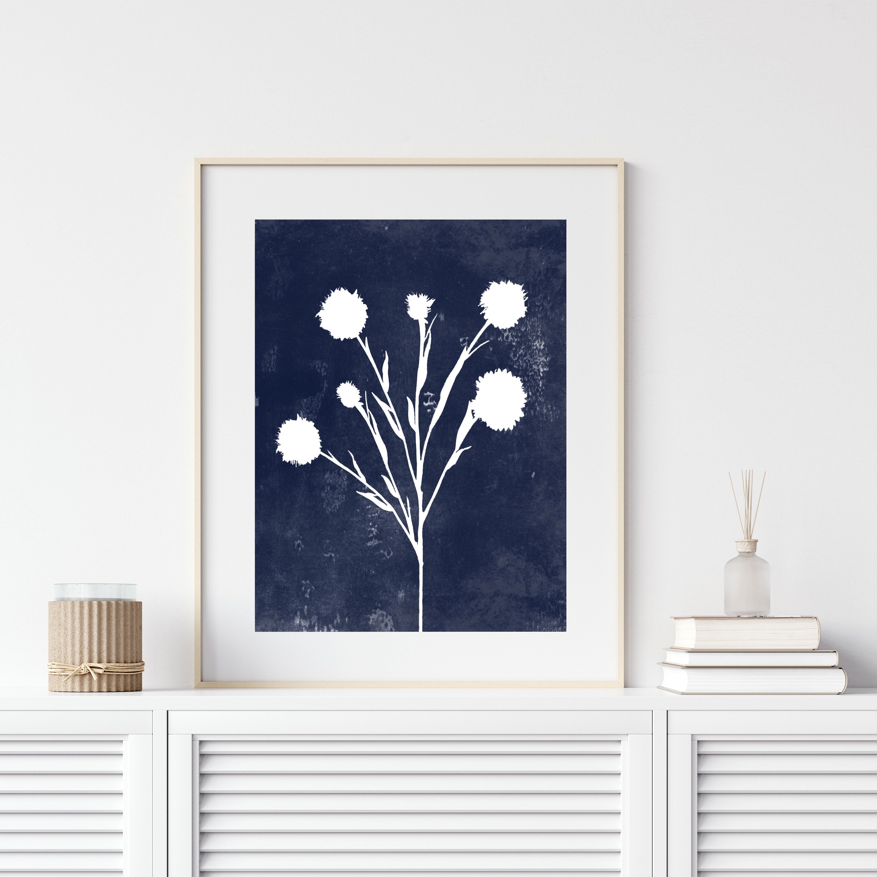Navy Blue Botanical Floral Printable Wall Art Downloadable Art | Etsy