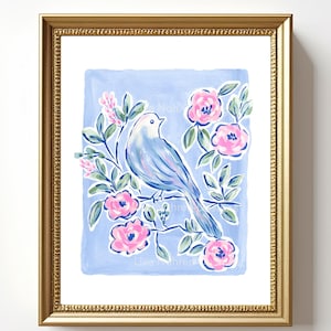 Blue Floral Bird Art - Chinoiserie Printable Wall Art Painting - Instant Digital Download- Modern Chic Preppy Botanical Grandmillennial