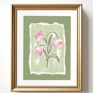 Modern Cottage Wildflower Print: Green & Pink Digital Download Art for Farmhouse Decor