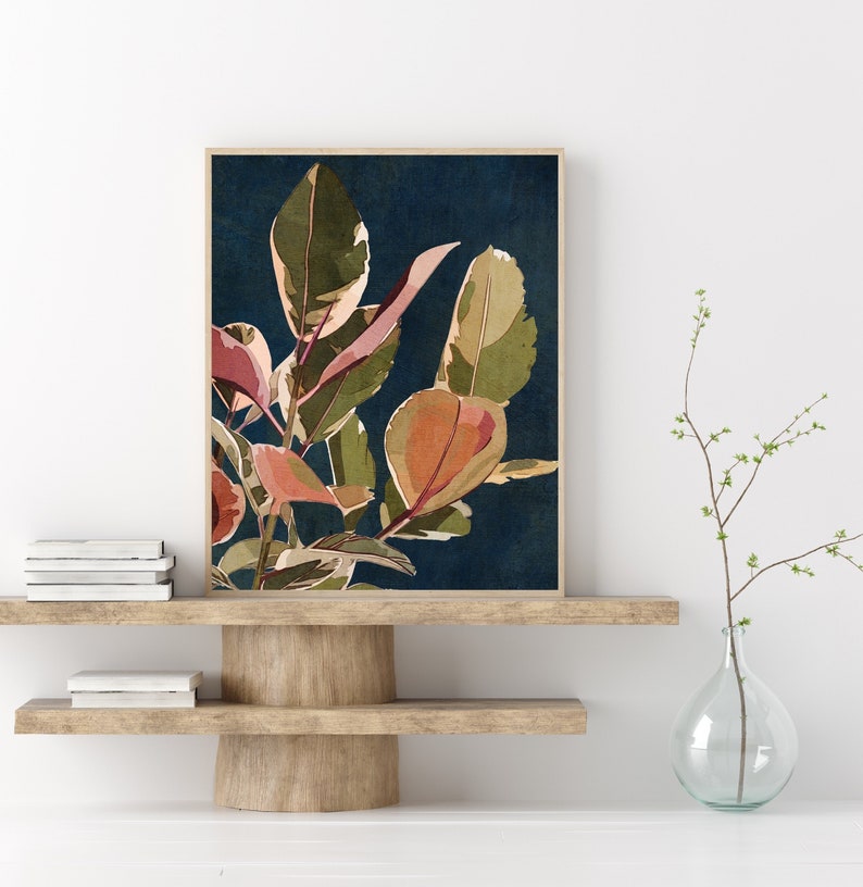 Navy Blue Abstract Floral Plant Printable Wall Art Botanical Leaves Neutral Boho Art Digital Downloadable Instant Download Living Room Art image 1