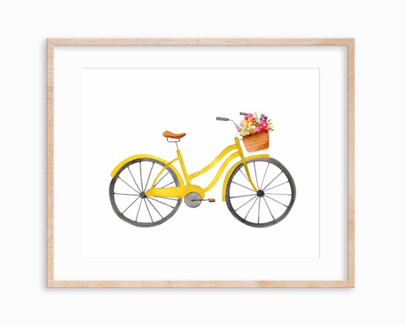 Watercolor Yellow Bike Brush Flower Basket Floral Illustration | Etsy