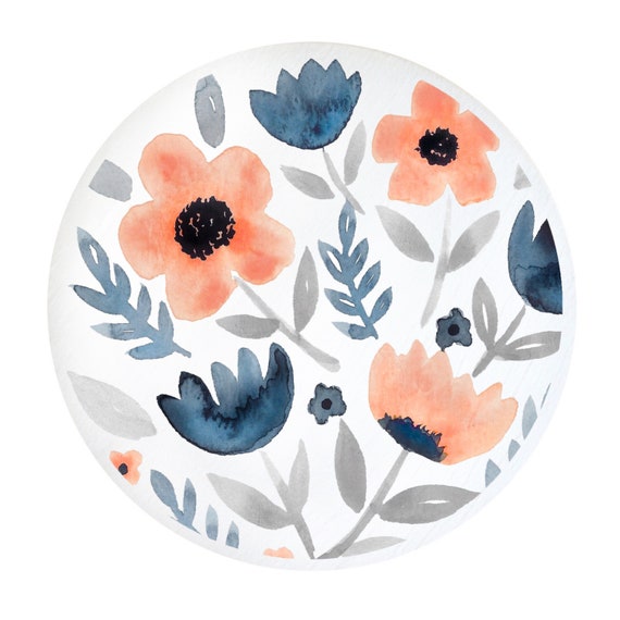 Watercolor Knobs Floral Knobs Navy Coral Knobs Decorative Etsy