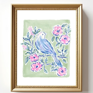 Green Floral Bird Chinoiserie Art Print - Botanical Grandmillennial (Digital Download)