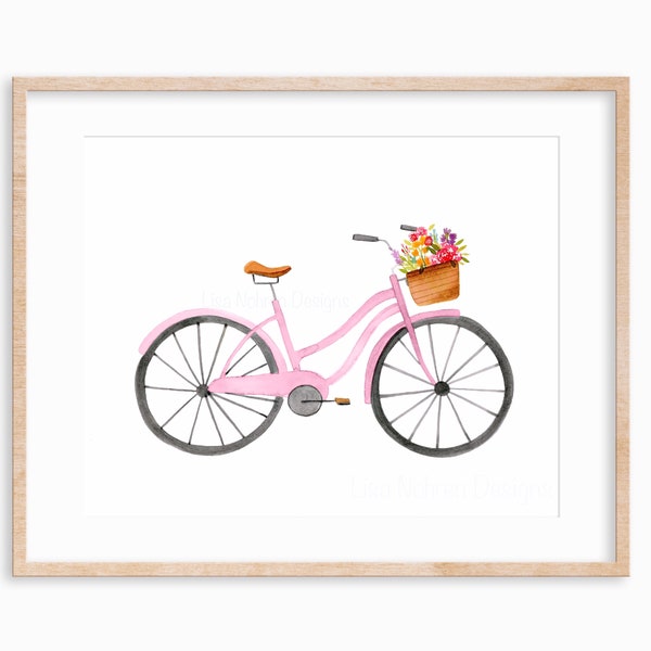 Watercolor Pink Bike Flower Basket Floral Illustration Art Printable Watercolor Wall Art Girls Nursery Kids Art Art Digital Download