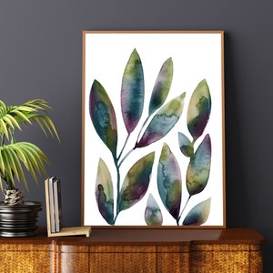 Minimalist Botanical Watercolor Leaves: Purple, Blue & Green Abstract Floral Art Print (Instant Download)