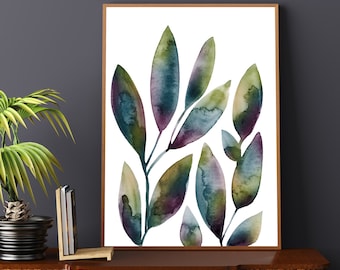 Watercolor Botanical Abstract Leaves Printable Art Downloadable Instant ArtPrint Minimalist Purple Blue Green Art Floral Plant Nature Art
